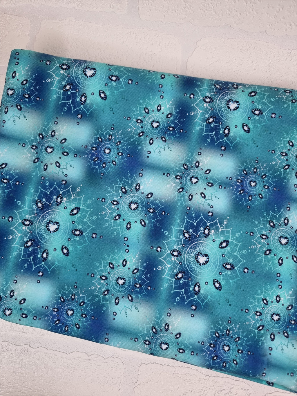 Ice crystal mandala winter blue turquoise colour french terry fabric