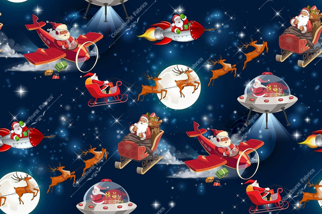 Santa flying in sleigh, santa flying in spaceship, santa in aeroplane, santa in rocket, in space with stars and moons. Seamless design for custom fabric printing onto our 22 bases.