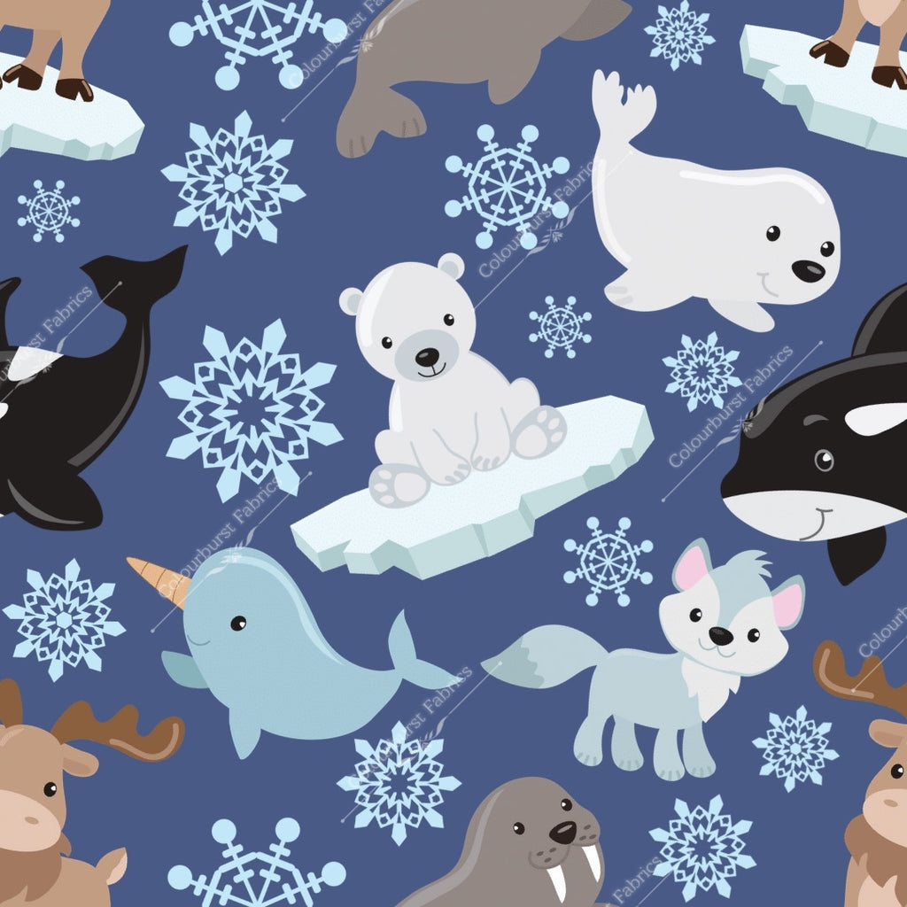 Adorable winter animals, whales, wolves, seals, polar bear, narwhal, reindeer with ice bergs and snowflakes. Seamless design for custom fabric printing onto our 22 bases.