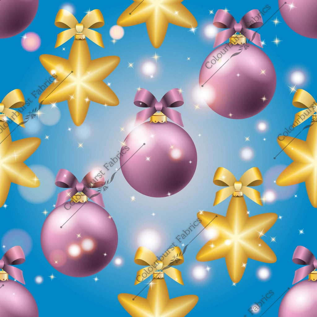 Sparkly baubles and star baubles on a blue solid coloured background. Seamless design for custom fabric printing onto our 22 bases.