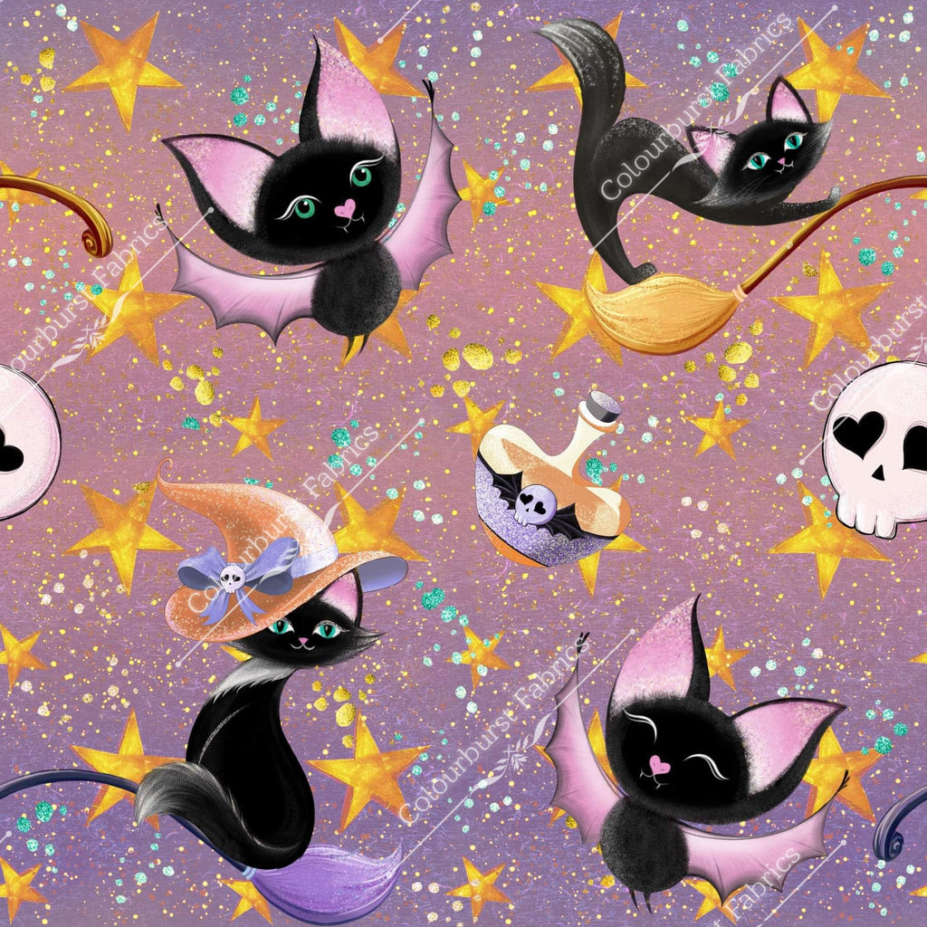 Halloween bat cats with witches hats and broom sticks on a faux sparkly background. Seamless design for custom fabric printing onto our 22 bases