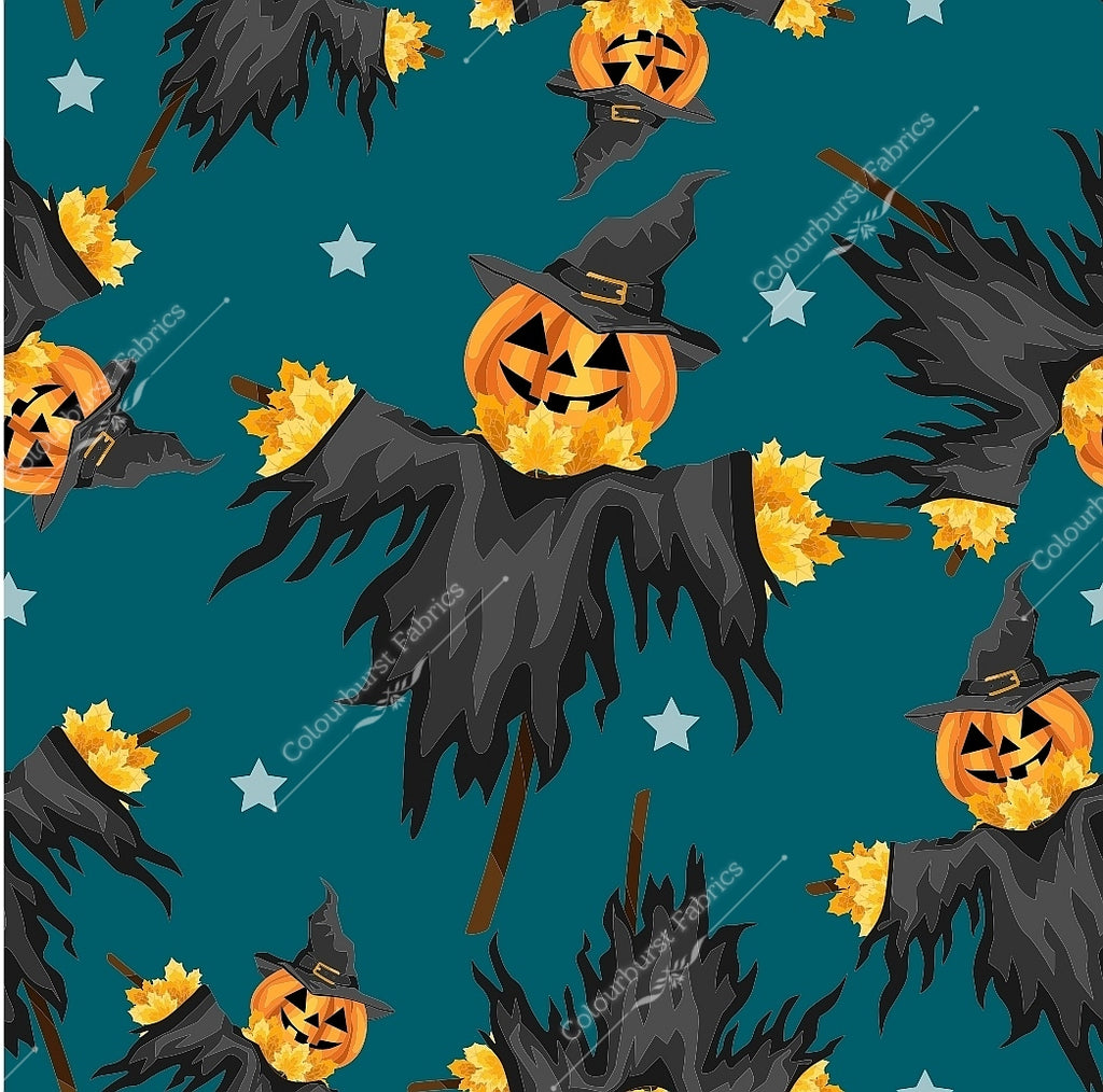 Halloween pumkpin  scarecrows with orange fall leaves. Thanksgiving colours on a petrol coloured solid background. Seamless design for custom fabric printing onto our 22 bases.