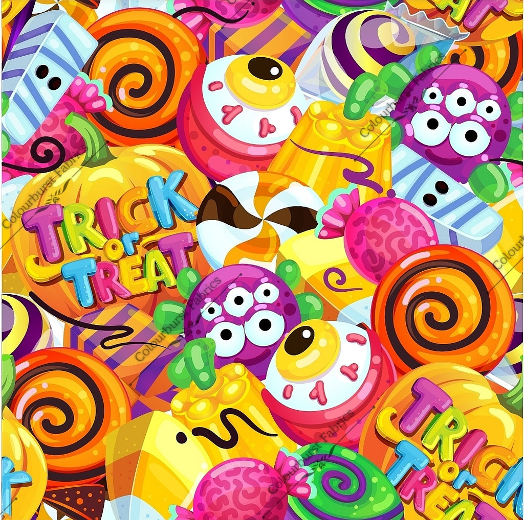 Adorable gummy sweet candy halloween design. "Trick or treat", pumpkins, eye ball gummy, jelly. Seamless design for custom fabric printing onto our 22 bases.