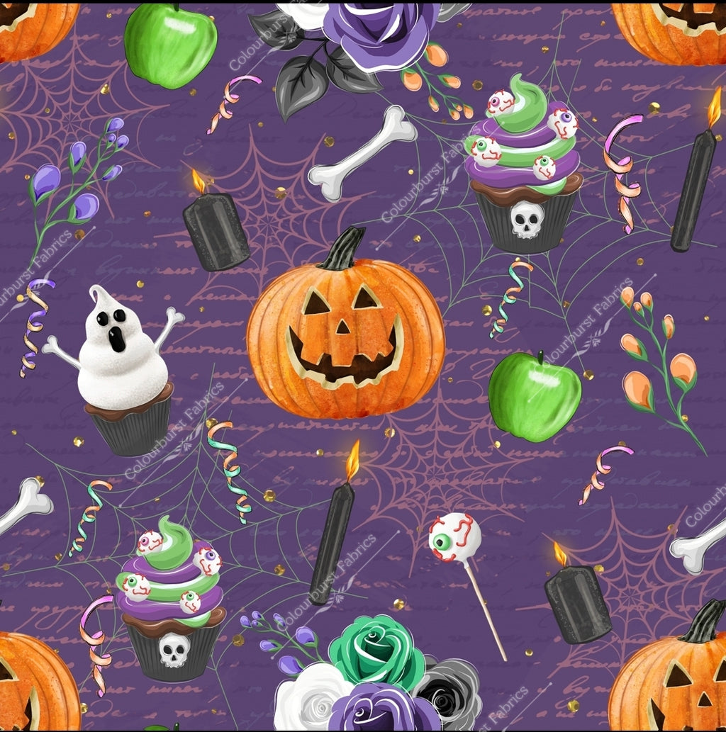 Halloween snacks, ghost cupcakes, zombie eye ball cupcakes, eye ball lollipops, bones, candles & pumkpins on a purple background. Seamless design for custom fabric printing onto our 22 bases