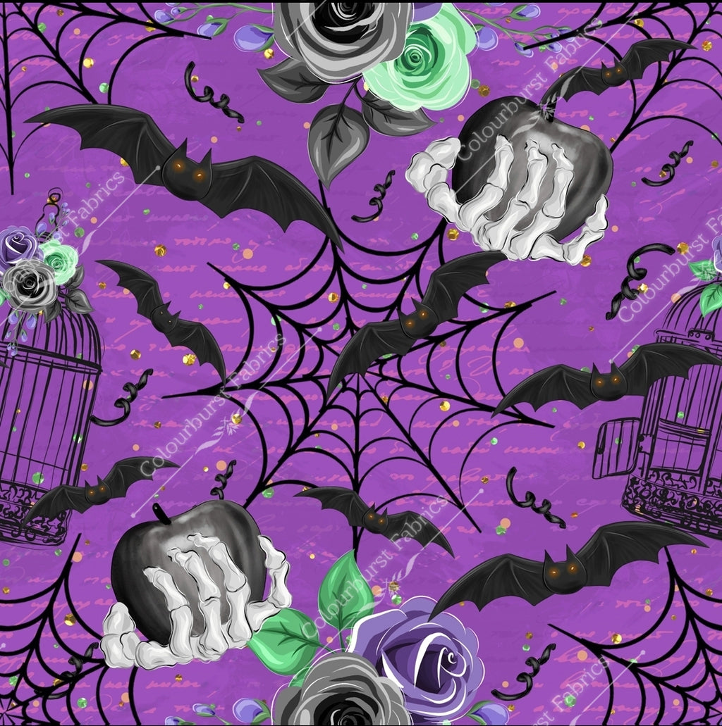 Halloween scene with spiderwebs, skeleton hand holding a black apple, bats, black bird cage with roses seamless design on a purple background. For printing onto our 22 bases.