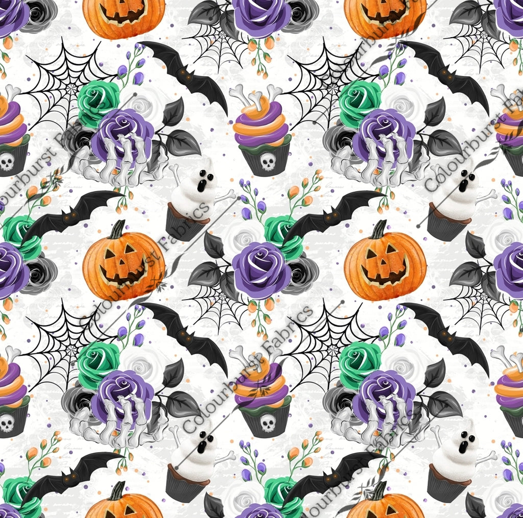 Halloween snacks, pumpkins, cakes, cupcakes, spiderwebs, flowers. Seamless design for custom fabric printing onto our 22 bases