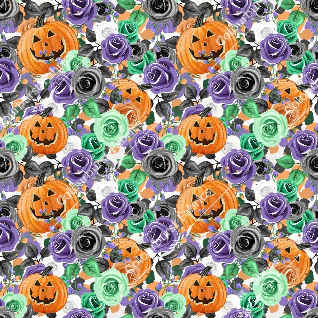 Pumpkins with fall coloured roses in halloween scene. Seamless design for custom fabric printing onto our 22 bases