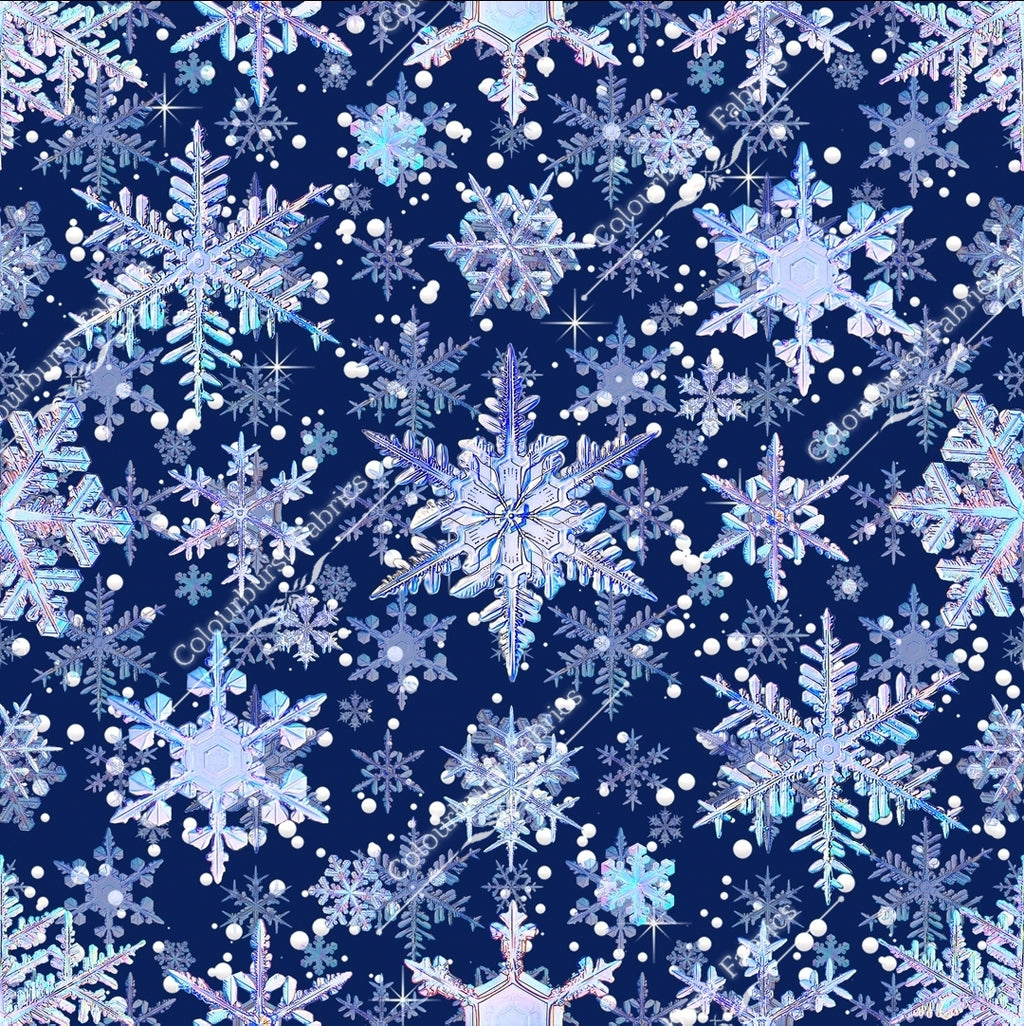 Holographic snowflakes, varying sizes, on a dark navy background. Seamless design for custom fabric printing onto our 22 bases