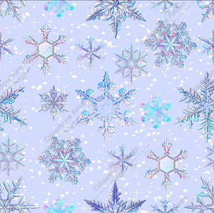 Snowflakes in varying sizes in holographic metallic form on a light baby blue/lilac background. Seamless design for custom fabric printing onto our 22 bases.