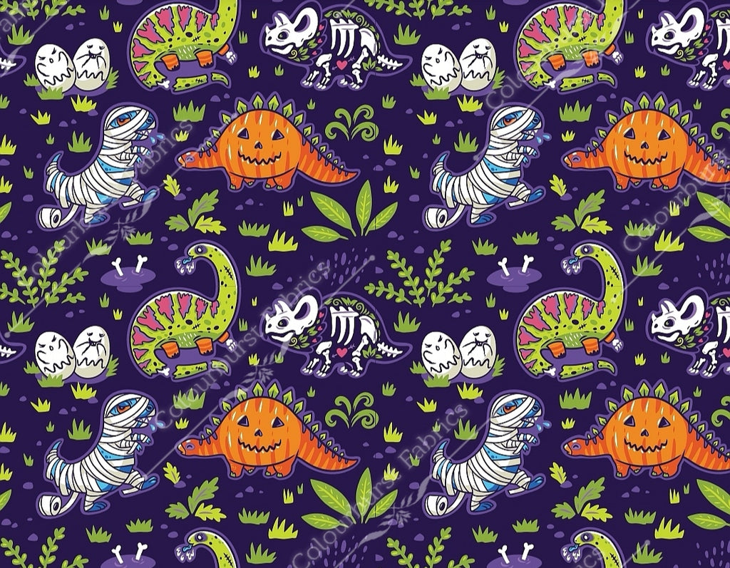 Halloween prehistoric dinosaurs, mummies, skeletons, ghosts, zombies, pumpkins. Seamless design for custom fabric printing onto our 22 bases