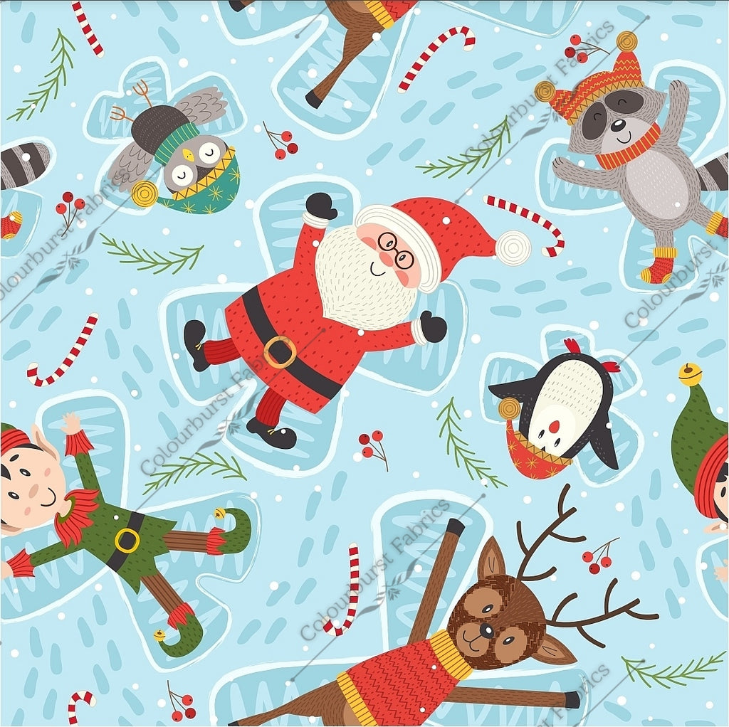 Christmas characters making snow angels, Snowman, santa, reindeer, elves, woodland creatures. Seamless design for custom fabric printing onto our 22 bases