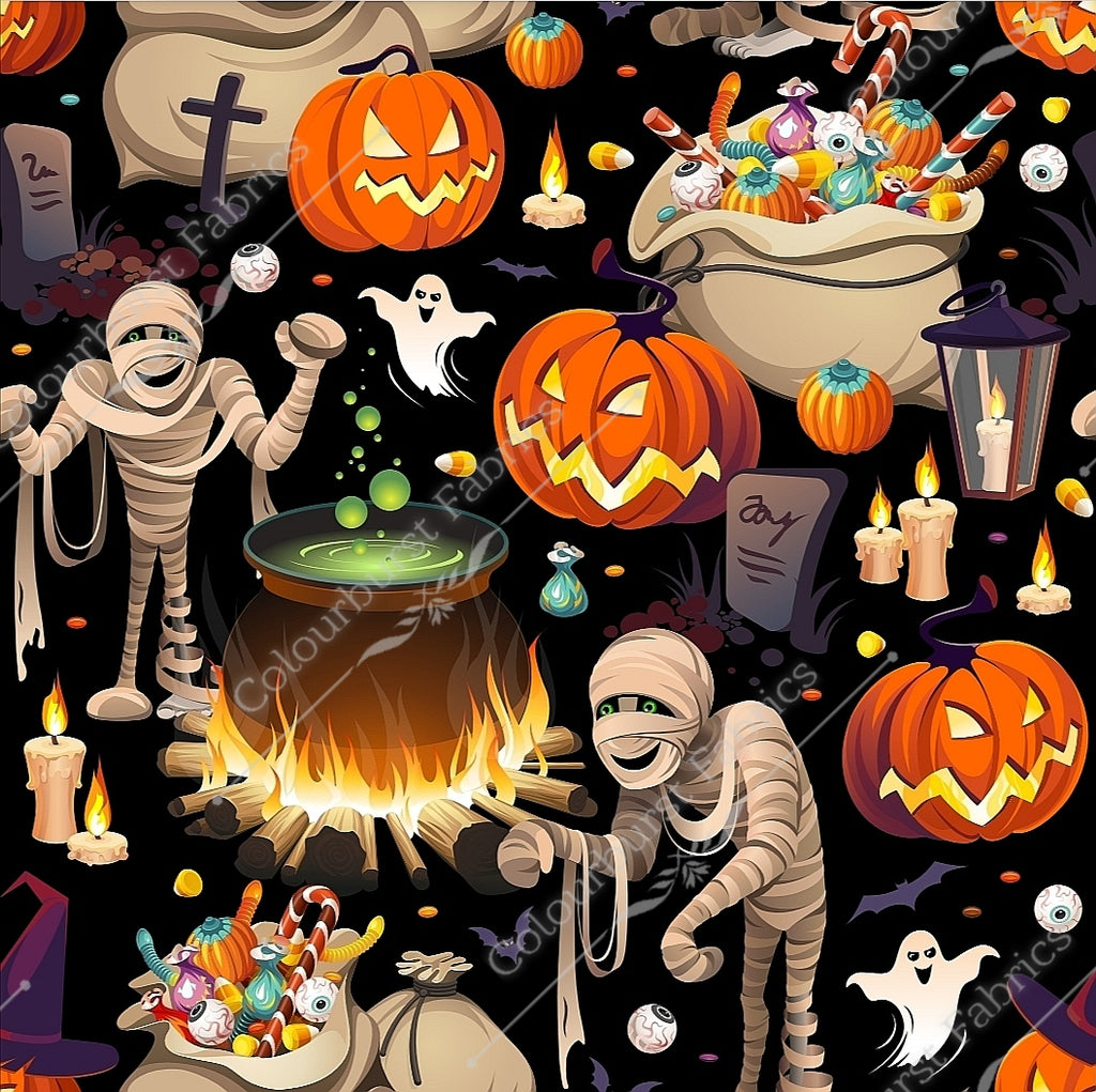 Halloween mummy scene, cauldron of sweets, pumpkins, candy corn, sack of sweets, ghosts on a black background. Seamless design for custom fabric printing onto our 22 bases.