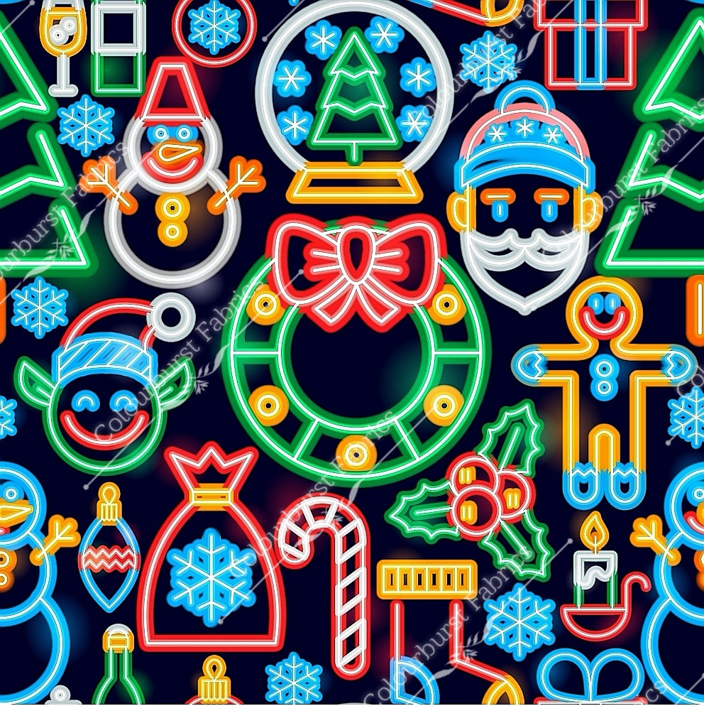 Neon lights christmas scene with wreth, santa, snowman, elf, sack of presents. Seamless design for custom fabric printing onto our 22 bases
