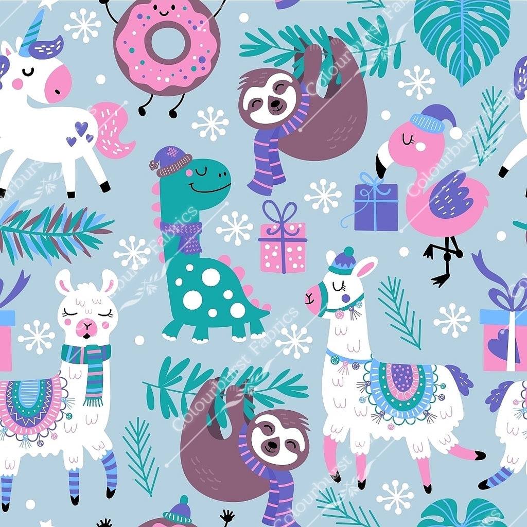Cute girly christmas dinosaurs, christmas llamas, christmas flamingos, christmas unicorns, christmas slots seamless design for custom fabric printing onto our 22 bases.