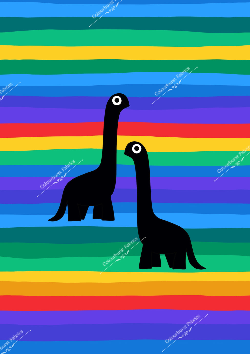Black dinosaurs on primary rainbow stripes panel. Available in 3 sizes. For custom fabric printing onto our 22 bases.