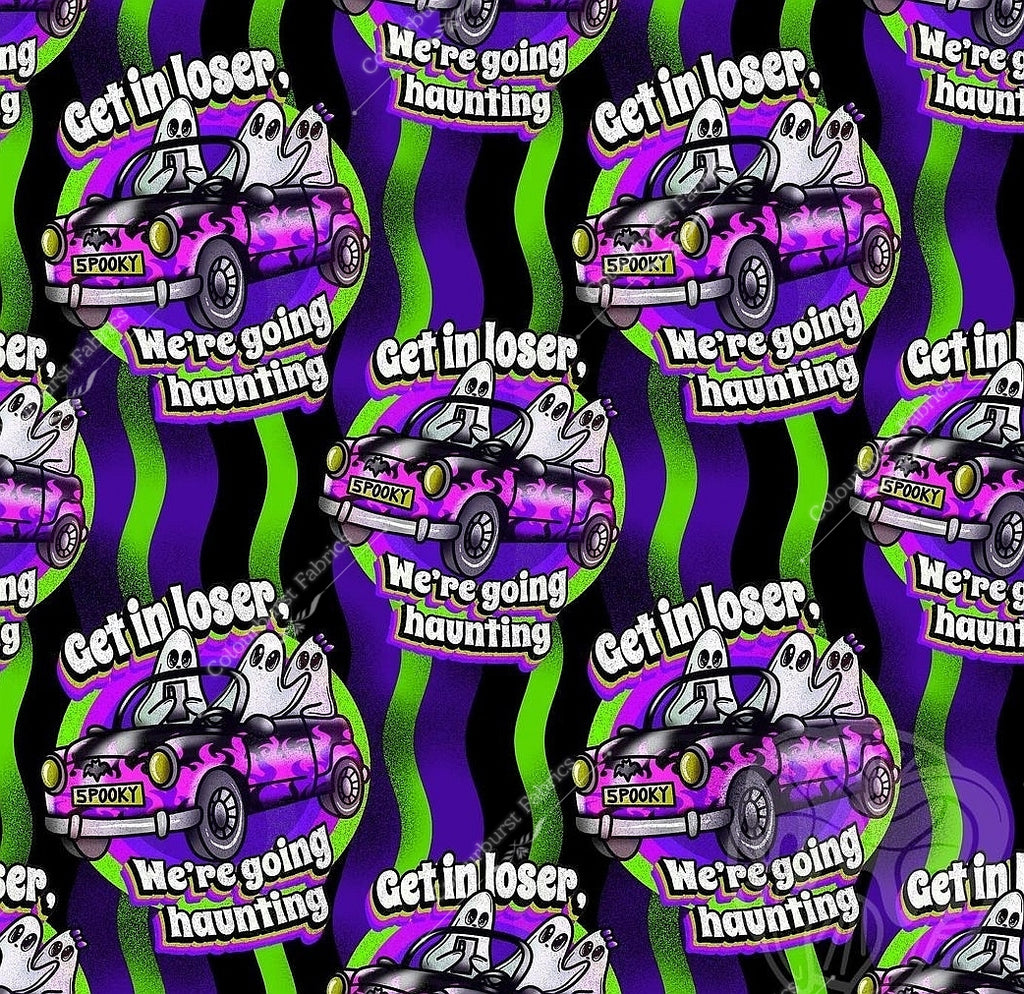 Cute ghosts riding in cars with the words "Get in loser, we're going haunting". On purple and green wavy stripes background. Seamless exclusive design for custom fabric printing onto our 22 bases