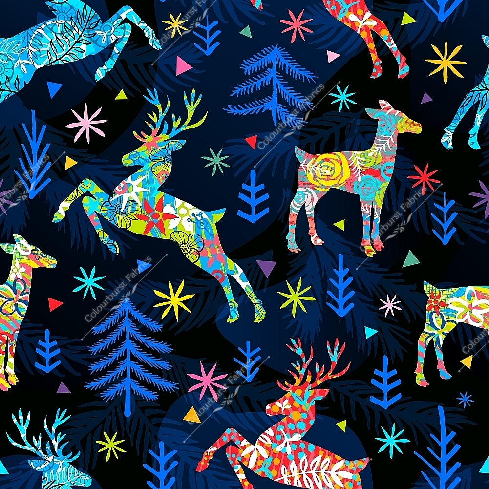 Navy reindeer floral christmas seamless design for custom fabric printing onto our 22 bases