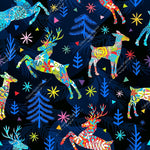 Load image into Gallery viewer, Navy reindeer floral christmas seamless design for custom fabric printing onto our 22 bases
