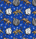 Load image into Gallery viewer, Wildcat christmas baubles exclusive with faux glitter leopards and tigers. Bright blue leopard print background. Seamless design for custom fabric printing onto our 22 bases.
