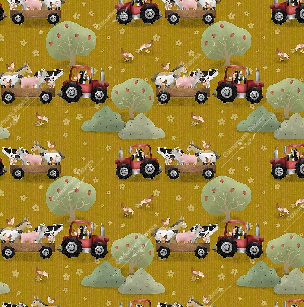 Mustard farmyard exclusive with tractor and animals. Cow, pig, horse, sheep, chicken, goat, dog. Seamless design for custom fabric printing onto our 22 bases