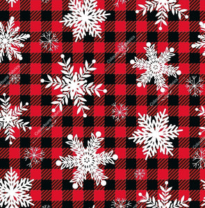 Buffalo plaid with white snowflakes. Seamless design for custom fabric printing onto our 22 bases
