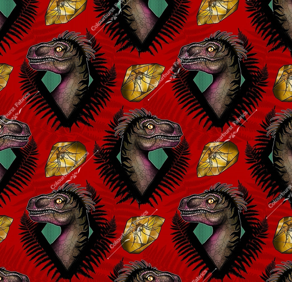 Realistic dinosaur heads in fern border on red background with fossil in amber. Seamless design for custom fabric printing onto our 22 bases