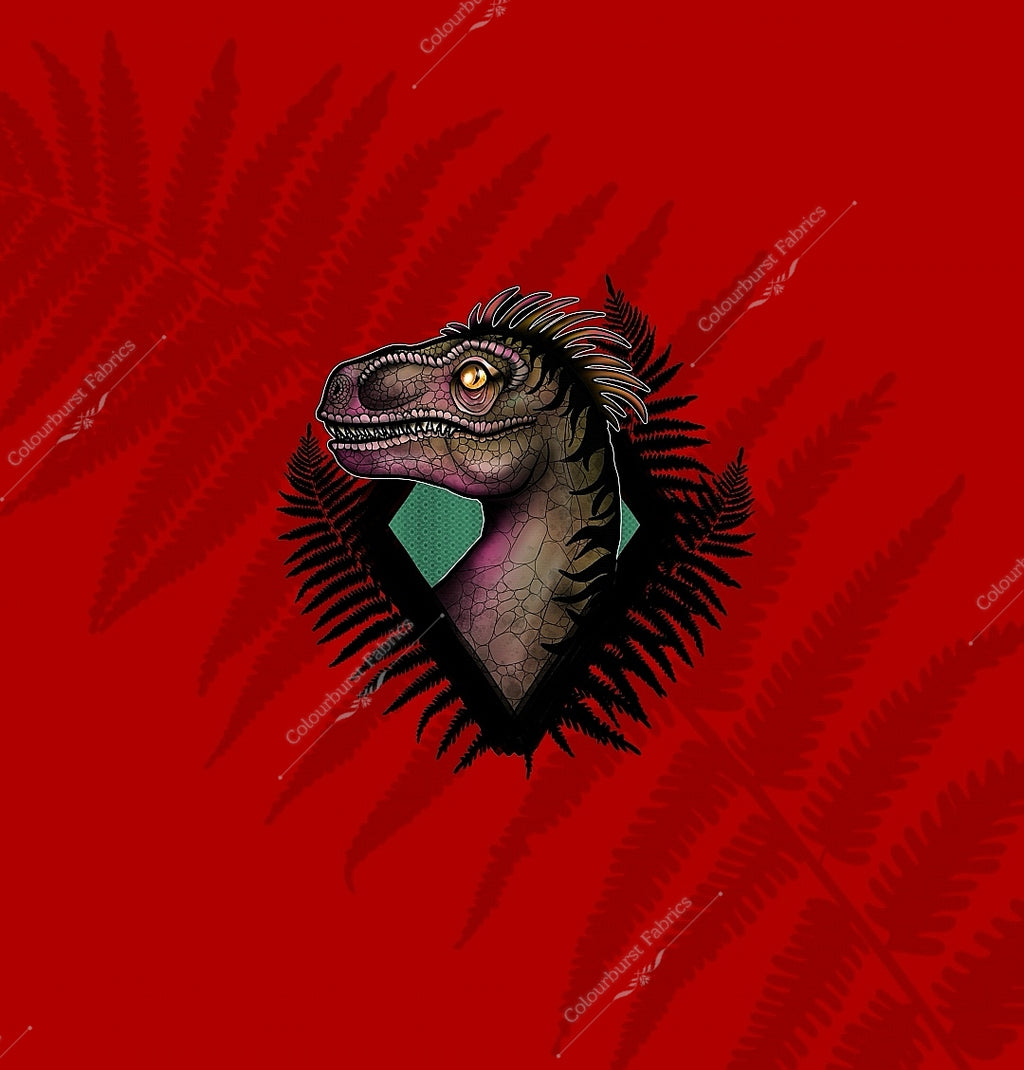 Red dinosaur head exclusive panel on a red background with ferns. Available in 3 sizes, adult, child and infant. Seamless design for custom fabric printing onto our 22 bases