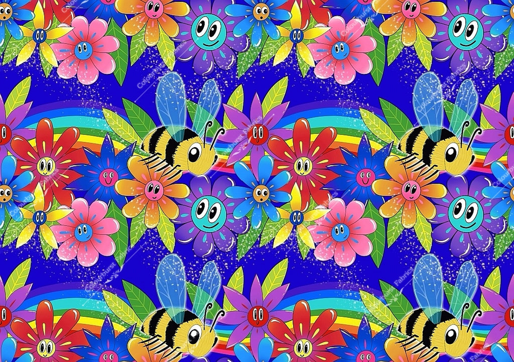 Beautiful spring bees with smiley flowers and rainbows on a royal blue background. Exclusive design for custom fabric printing onto our 22 bases