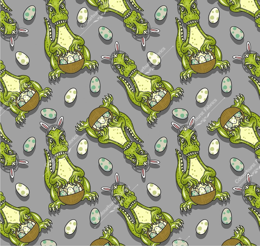 Green dinosaur bunnies holding easter eggs in basket with rabbit ear headband on. Grey background. Exclusive design for custom fabric printing onto our 22 bases