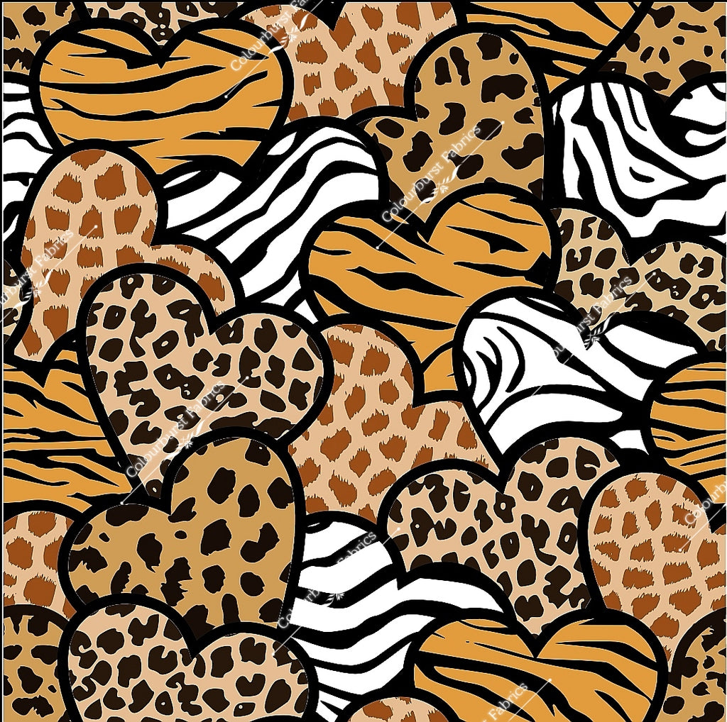 Leopard print, tiger print and wildcat hearts. Seamless design for custom fabric printing onto our 22 bases