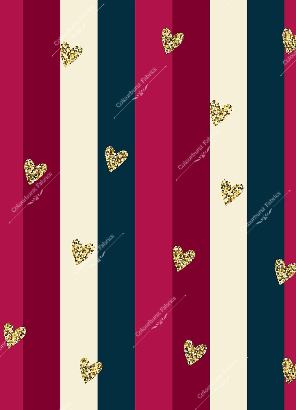 Vanetines vertical stripes with faux gold glitter hearts. Red, pink, green and cream stripes. Seamless design for custom fabric printing onto our 22 bases 