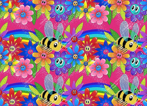 Beautiful spring bees with smiley flowers and rainbows on a bright pink background. Exclusive design for custom fabric printing onto our 22 bases