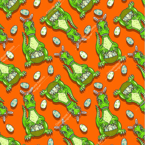 Green dinosaur bunnies holding easter eggs in basket with rabbit ear headband on. Bright orange background. Exclusive design for custom fabric printing onto our 22 bases.