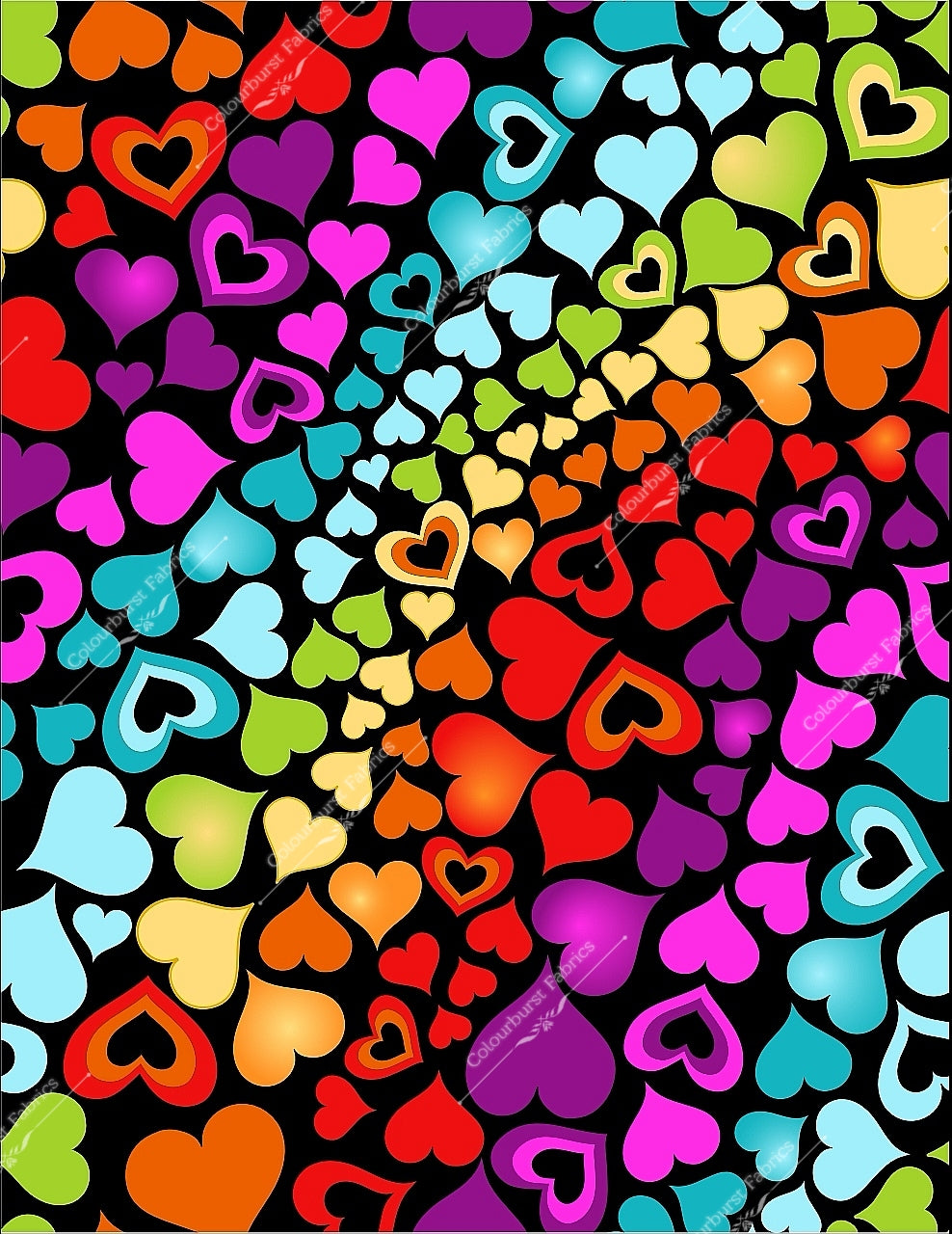 Rainbow hearts in sweeping abstract design. Seamless design for custom fabric printing onto our 22 bases 