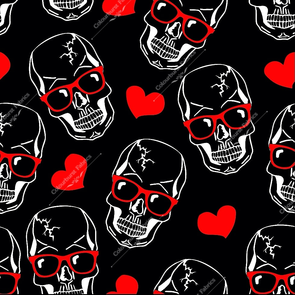 Skulls wearing red sunglasses with red hearts on black background. Seamless design for custom fabric printing onto our 22 bases