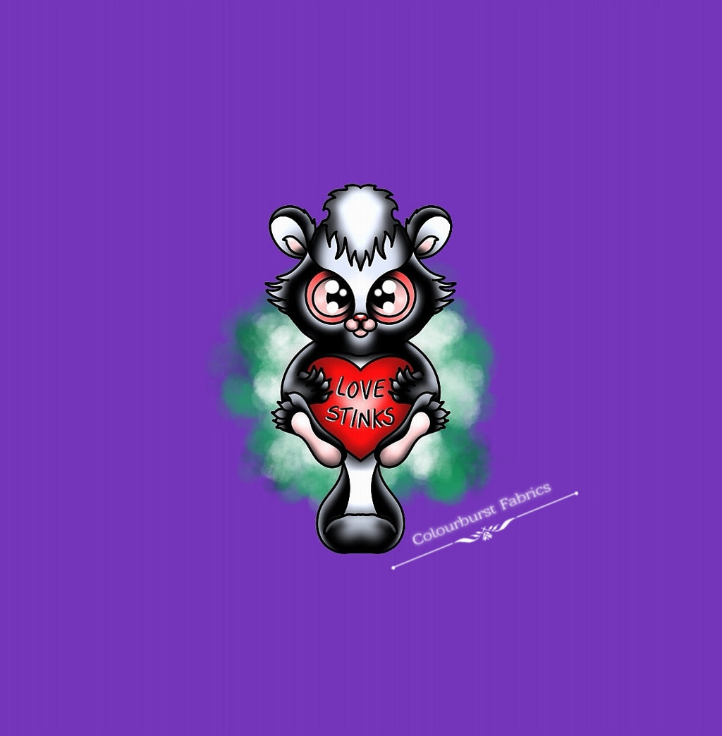 Skunk holding heart that says "Love Stinks", whilst a green gas cloud fills the air. Bright purple background. Panels available in 3 sizes, infant, child and adult. Panel available on our 22 bases.