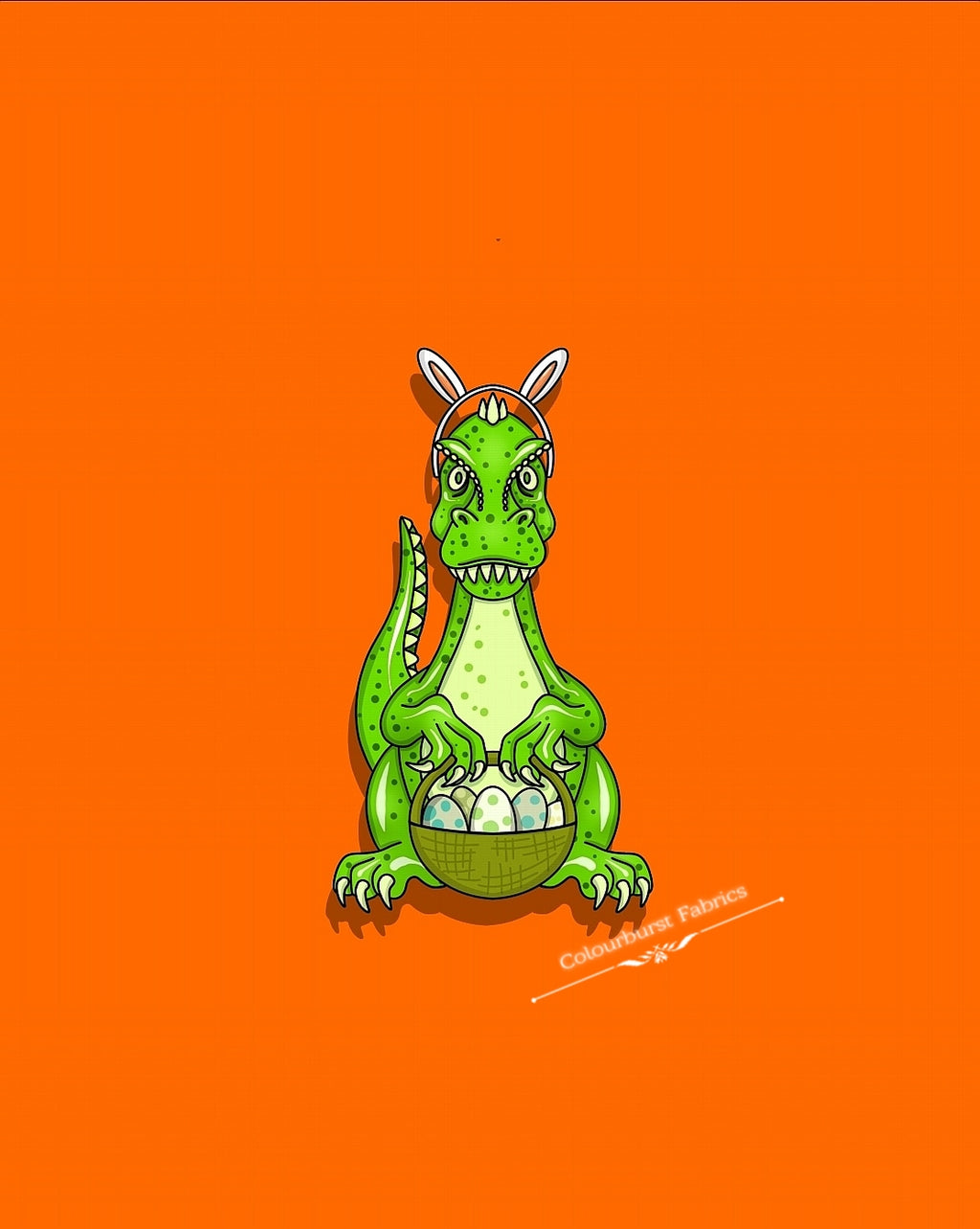 Green dinosaur bunny holding an easyer basket filled with spotted eggs and wearing easter bunny ears. On an orange background. Panels available in 3 sizes, infant, child and adult. Exclusive panel can be printed onto our 22 bases.