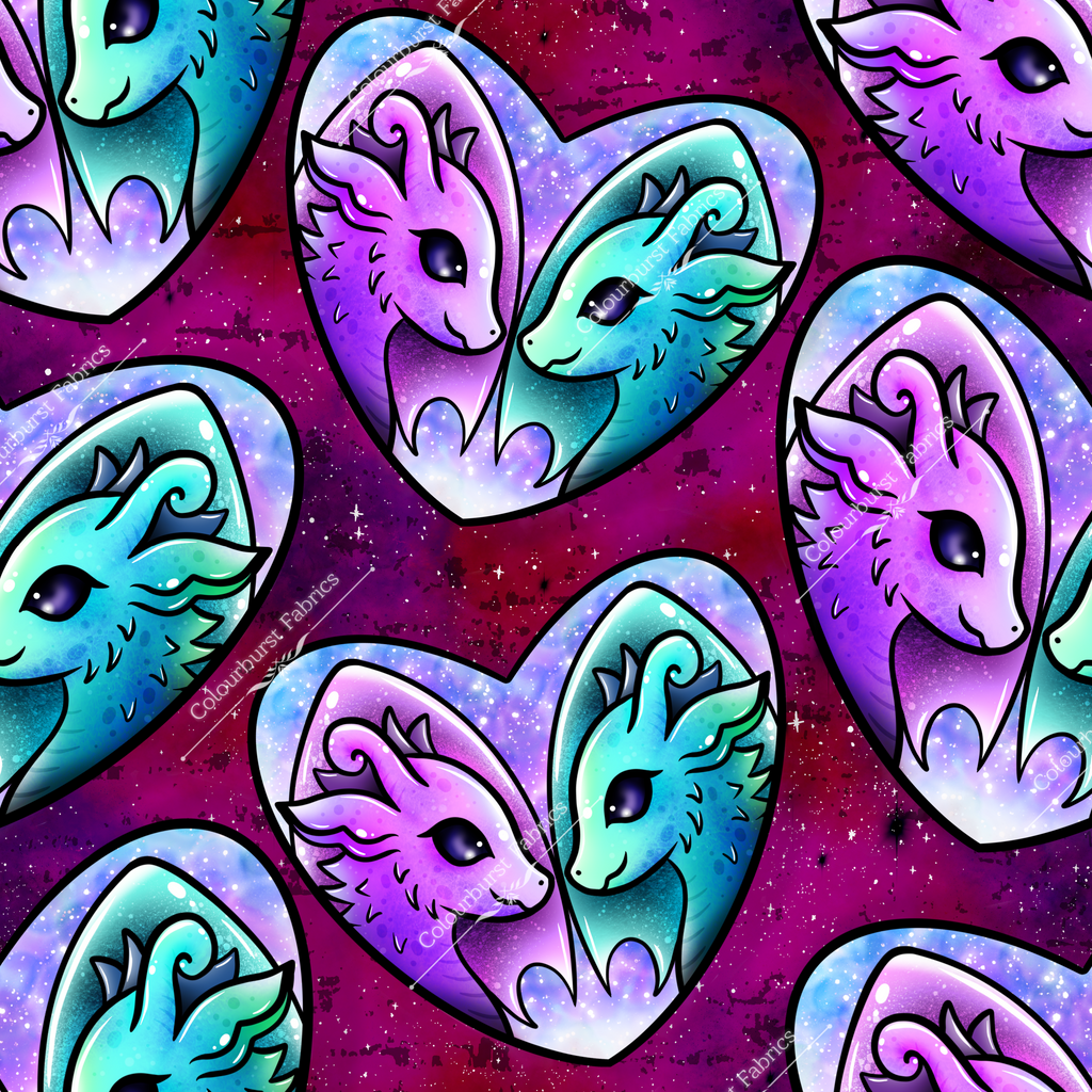 Two adorable dragons facing each other in a heart bubble on a pinky purple starry background. Exclusive design for custom fabric printing onto our 22 bases