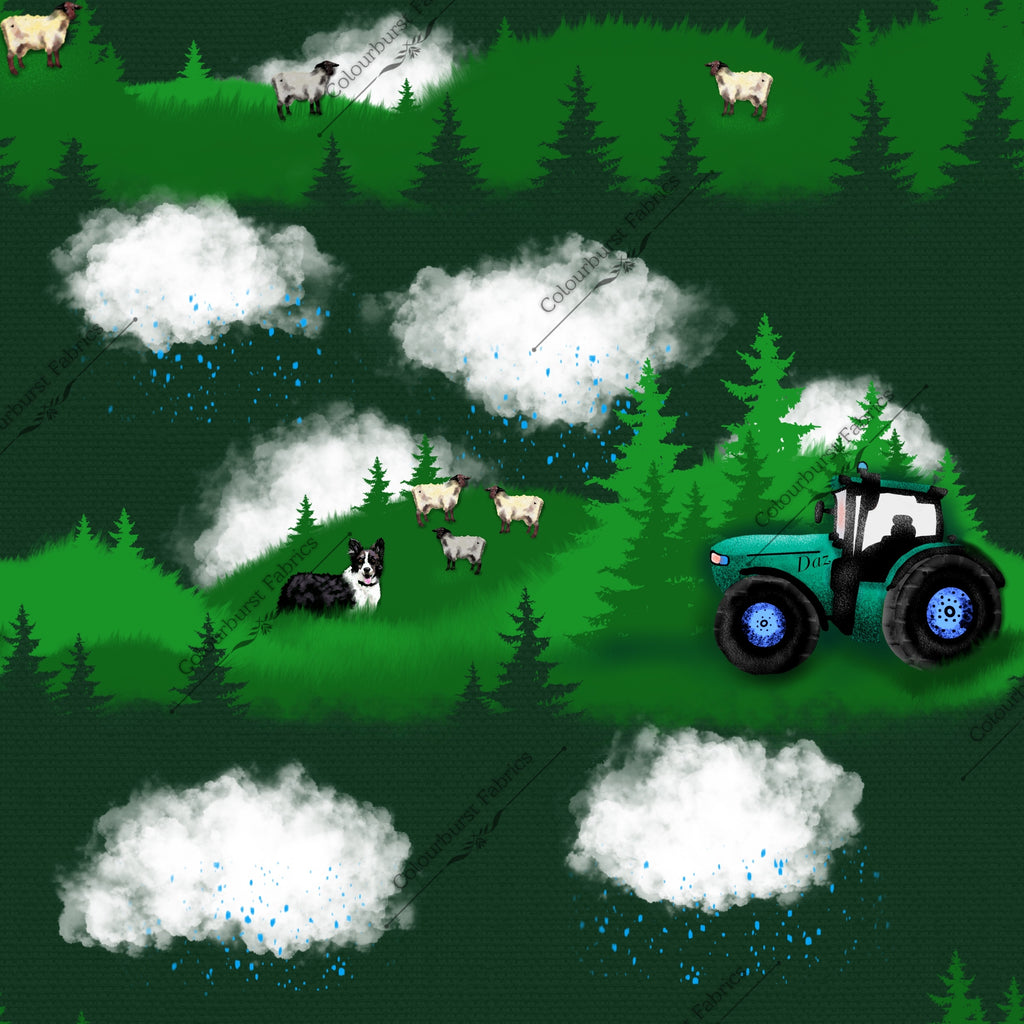 Countryside tractor scene with sheep, trees and border collies. Exclusive design for custom fabric printing onto our 22 bases