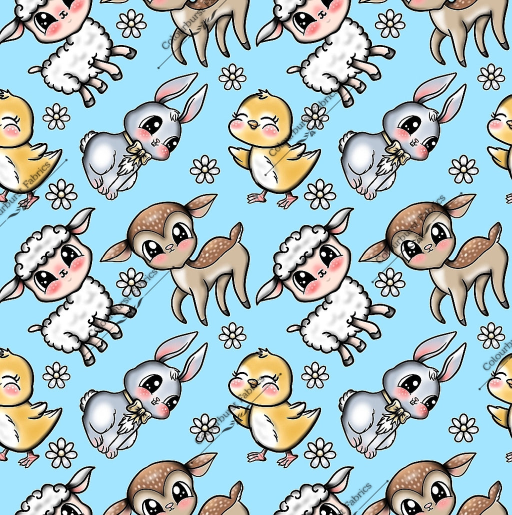 Spring easter kawaii exclusive design with cute fawn, bunny, chick, lamb. Bright blue background. Seamless design for custom fabric printing onto our 22 bases