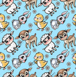 Load image into Gallery viewer, Spring easter kawaii exclusive design with cute fawn, bunny, chick, lamb. Bright blue background. Seamless design for custom fabric printing onto our 22 bases
