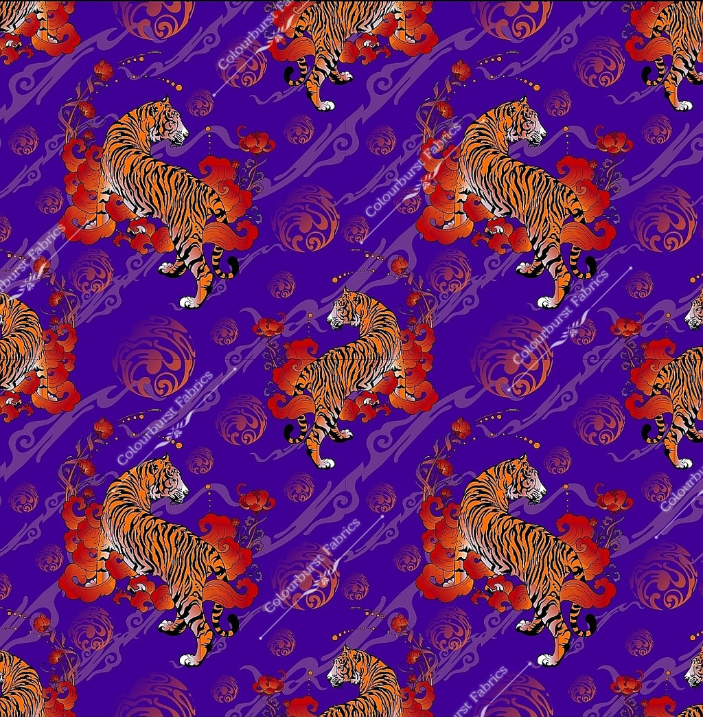 Tigers with red flames on purple background. Seamless design for custom fabric printing onto our 22 bases