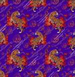 Load image into Gallery viewer, Tigers with red flames on purple background. Seamless design for custom fabric printing onto our 22 bases
