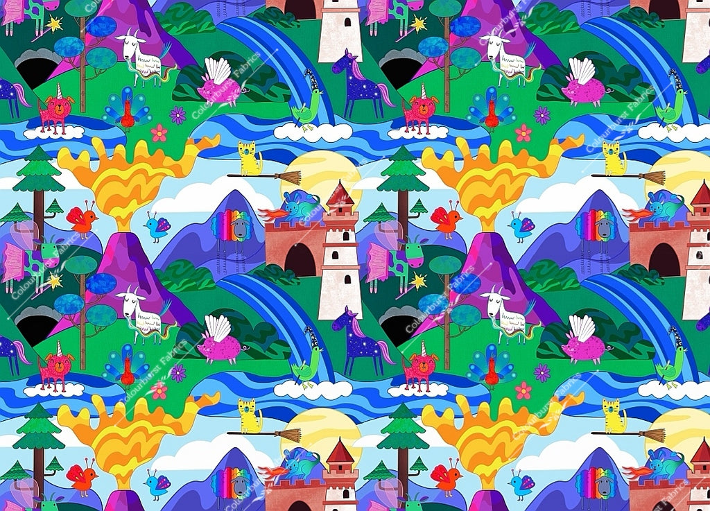 Mystic universe exclusive design featuring rainbow spewing goat, wizard chickens, yellow witch cat on broomstick, angel cow and pig and lots more. Castle and mountains scenery in sky blue colourway. Exclusive design for custom fabric printing onto our 22 bases