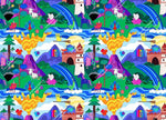 Load image into Gallery viewer, Mystic universe exclusive design featuring rainbow spewing goat, wizard chickens, yellow witch cat on broomstick, angel cow and pig and lots more. Castle and mountains scenery in sky blue colourway. Exclusive design for custom fabric printing onto our 22 bases
