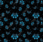 Load image into Gallery viewer, Teal blue dog paw prints on a black background. Seamless design for custom fabric printing onto our 22 bases
