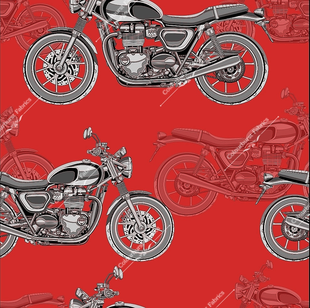 Vintage motorcycle, motorbikes, on a solid red background. Seamless design for custom fabric printing onto our 22 bases