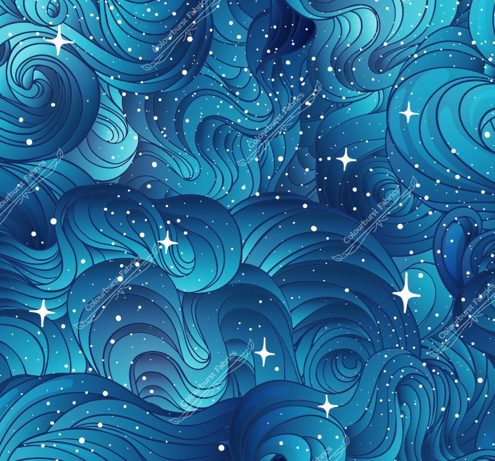 Blue shades swirls and waves with white sparkles. Seamless design for custom fabric printing onto our 22 bases
