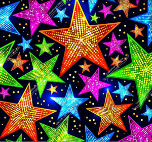Neon coloured lights in star shapes on a black background. Seamless design for custom fabric printing onto our 22 bases