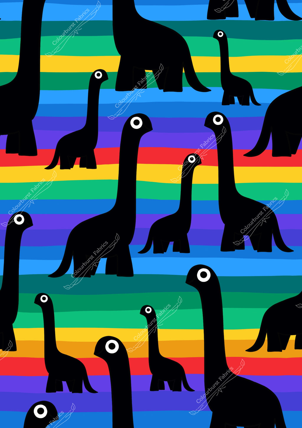 Little black dinosaurs with big white eyes on rainbow primary striped background. Exclusive Seamless design for custom fabric printing onto our 22 bases. 
